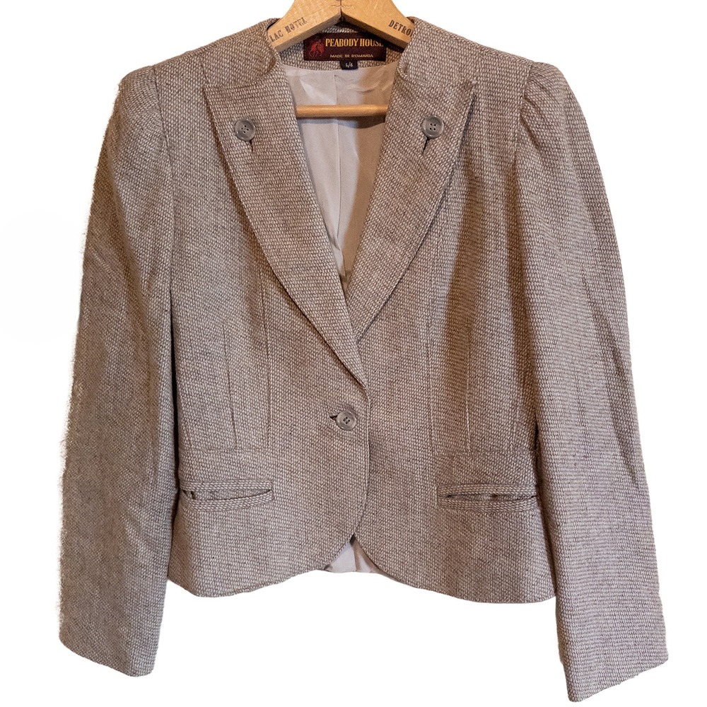 Peabody House VTG Wool Blend Crop Textured Blazer Tan Made in Romania Size 5/6